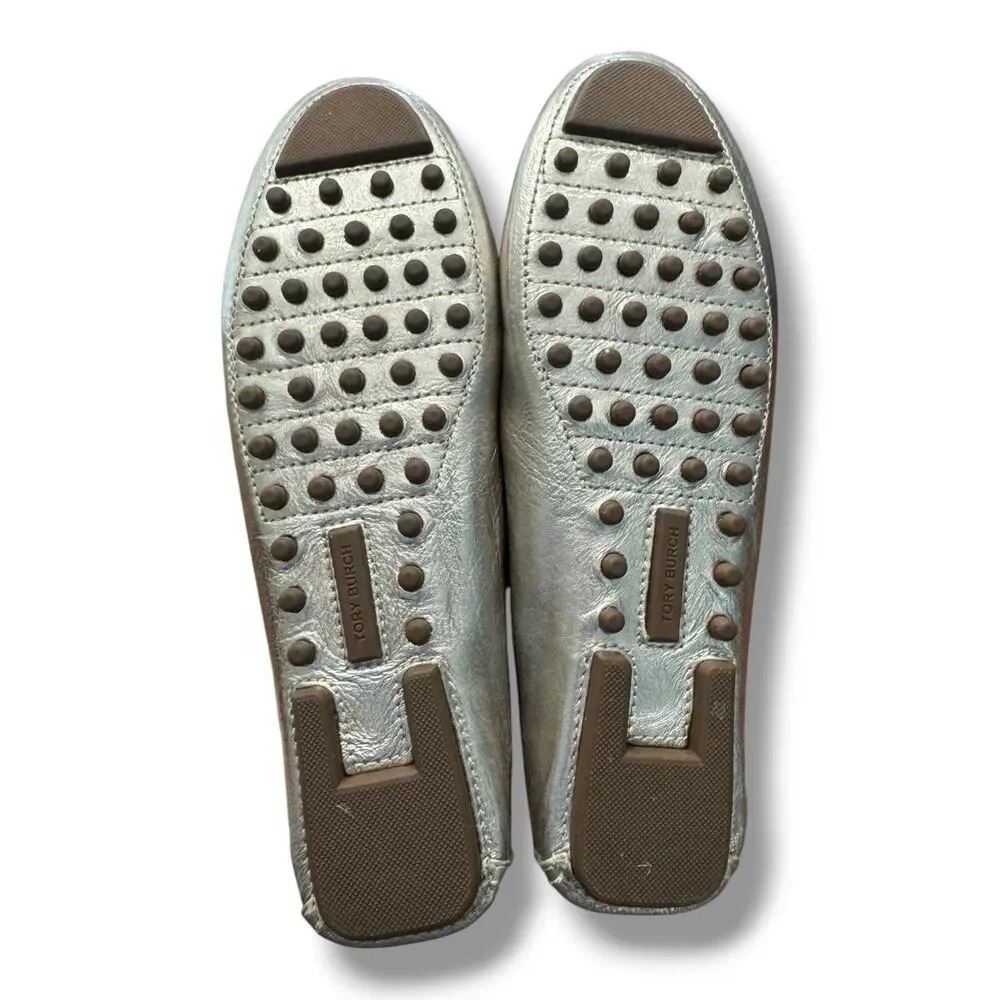 Tory Burch Everly Silver Metallic Leather Shoe Logo Luxury Slip On Women’s Sz 9